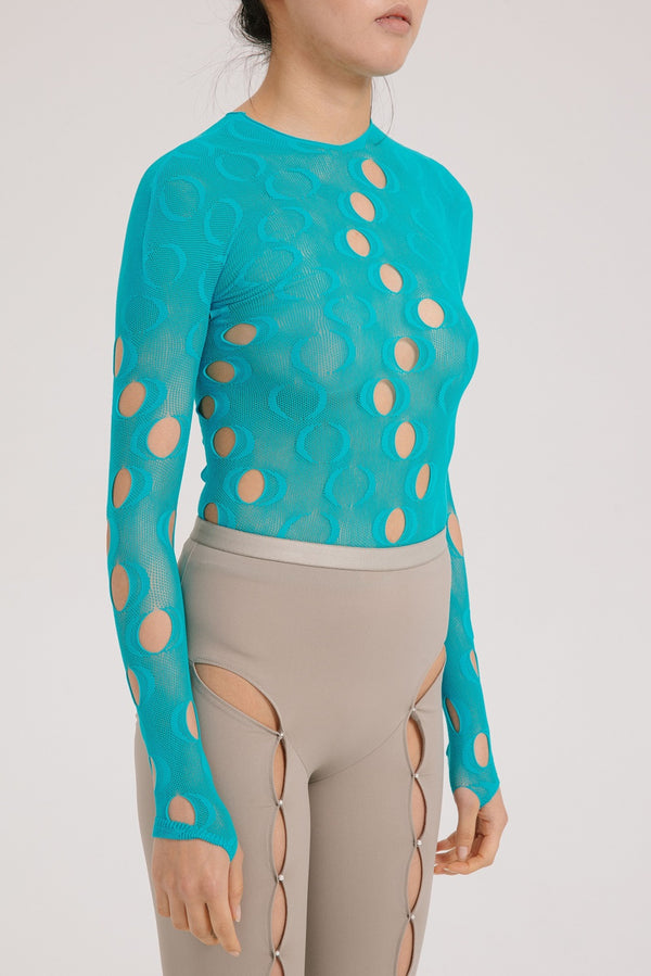 Rui Zhou JW03 series hollow long-sleeved elastic top RUI-RUIFW21JW03T-LANLV-2 Teal/2